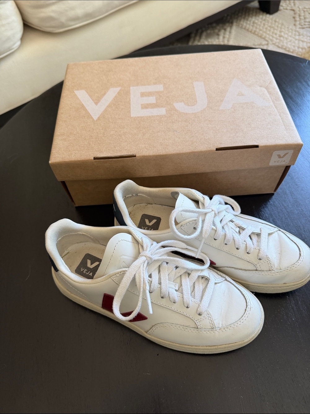 Veja Women’s White Sneakers with Red V Accent